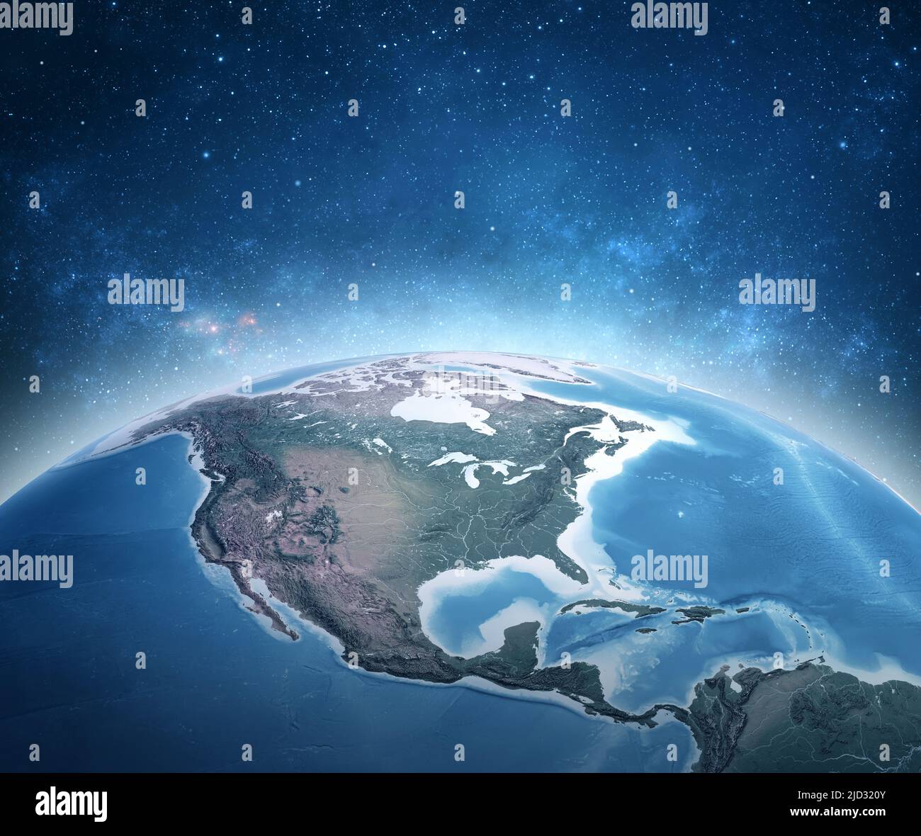 Satellitenansicht des Planeten Erde, fokussiert auf Nordamerika, USA, Kanada, Mexiko und Mittelamerika, Tiefraum und Sternbilder dahinter. Stockfoto