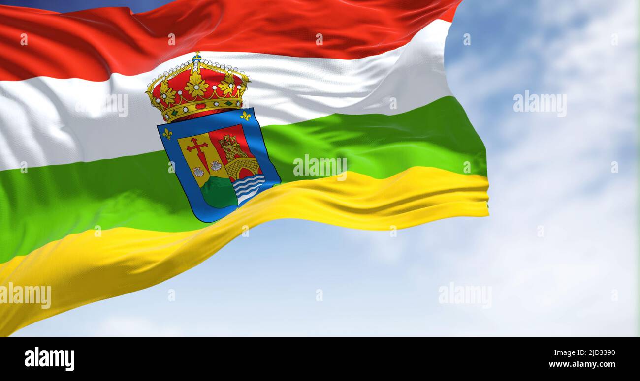 Die Flagge von La Rija winkt an einem klaren Tag im Wind. La Roja ist eine autonome Gemeinde und Provinz in Spanien, im Norden der Iberischen Halbinsel. Its Stockfoto