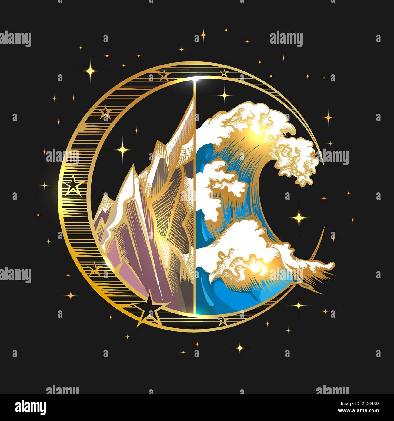 Wild Nature Emblem of Mountain and Ocean Wave gezeichnet in Engraving Style isoliert auf Schwarz. Vektorgrafik. Stock Vektor