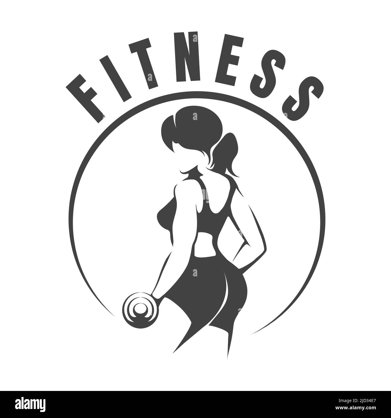 Logo oder Emblem des Fitnessclubs mit Frau-Silhouette. Frau hält Kurzhanteln. Isoliert auf weißem Hintergrund. Vektorgrafik. Stock Vektor