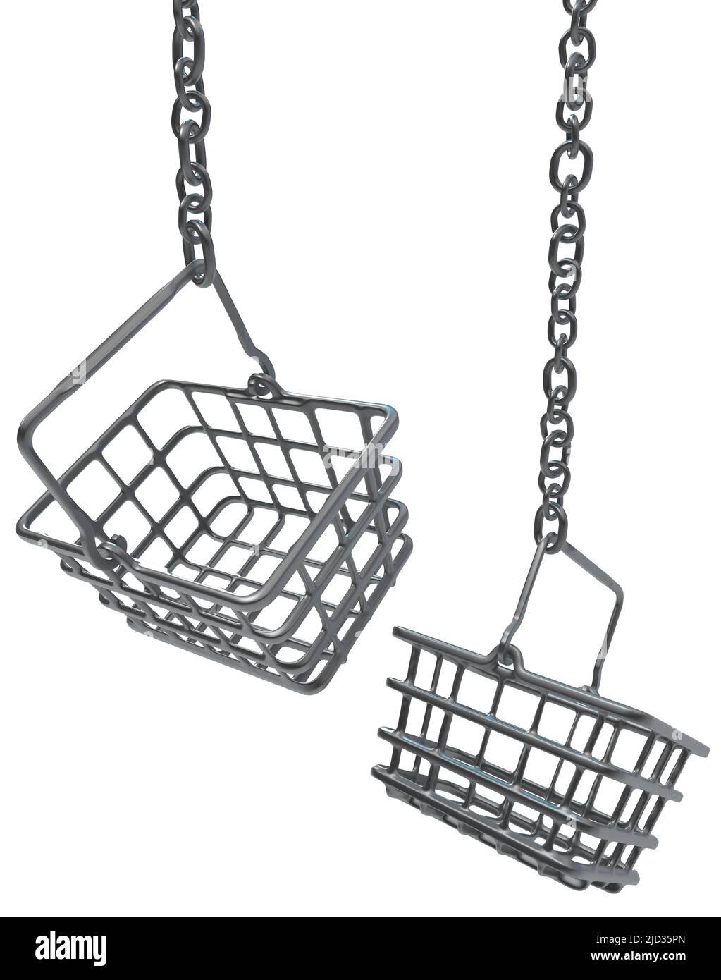 Einkaufskörbe Metallkette hängend, 3D Abbildung, horizontal, isoliert, überweiß Stockfoto