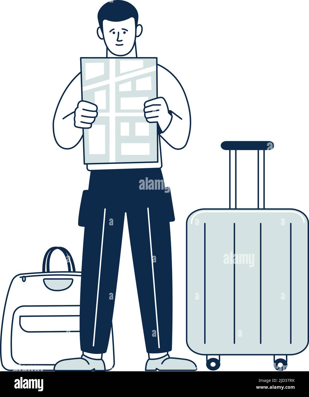 Mann mit Reisetaschen auf der Karte. Tourist im Urlaub Stock Vektor
