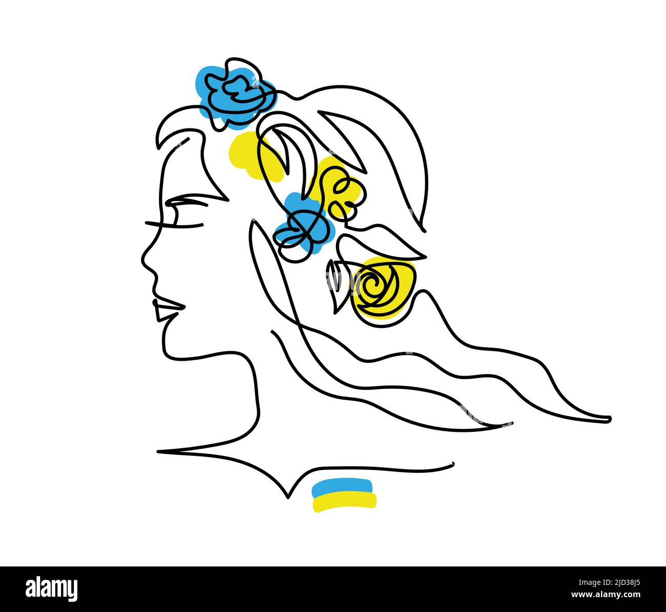 Kopf in Blumen. Ukrainische Flagge. Blaue und gelbe Blüten im Kopfvektor. Frauenprofil. Eine fortlaufende Strichzeichnung Stock Vektor