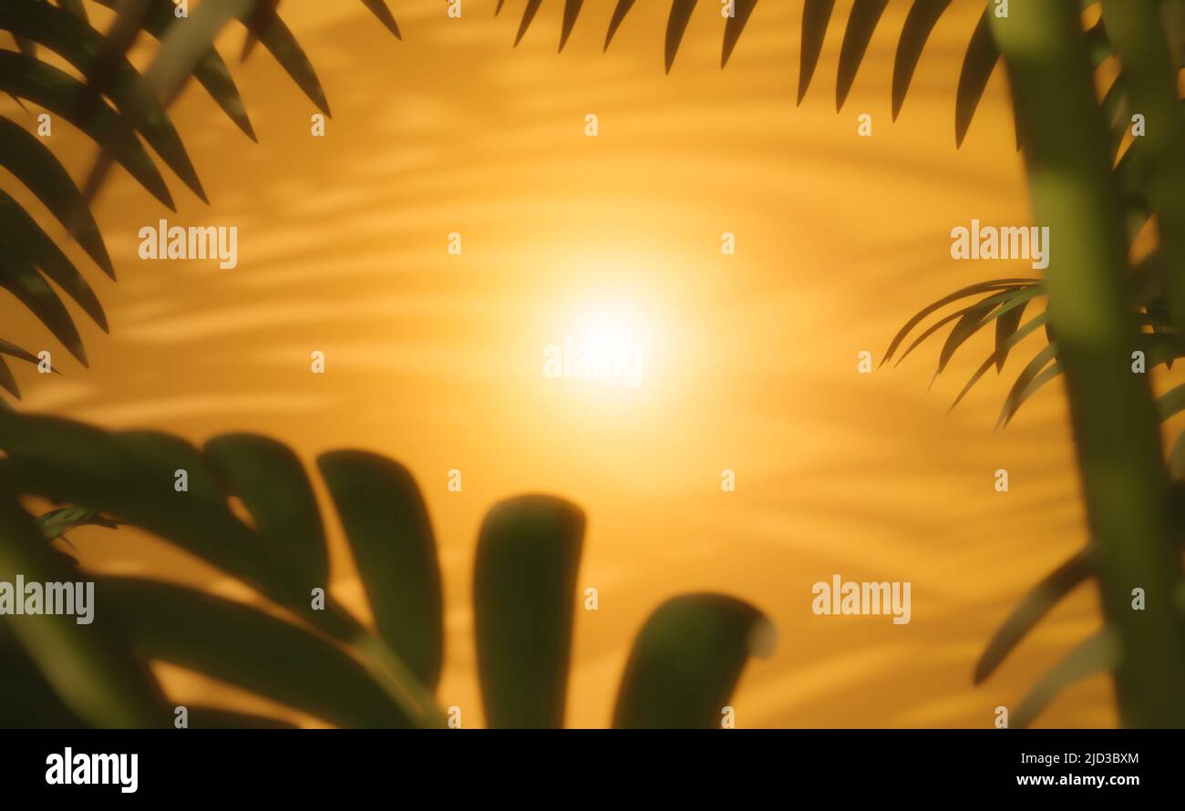 Abstrakter Hintergrund, grüne Blätter auf orangefarbenem Hintergrund. Weicher Fokus mit Leuchteffekt. 3D Render, digital generierter Hintergrund mit Kopierbereich Stockfoto