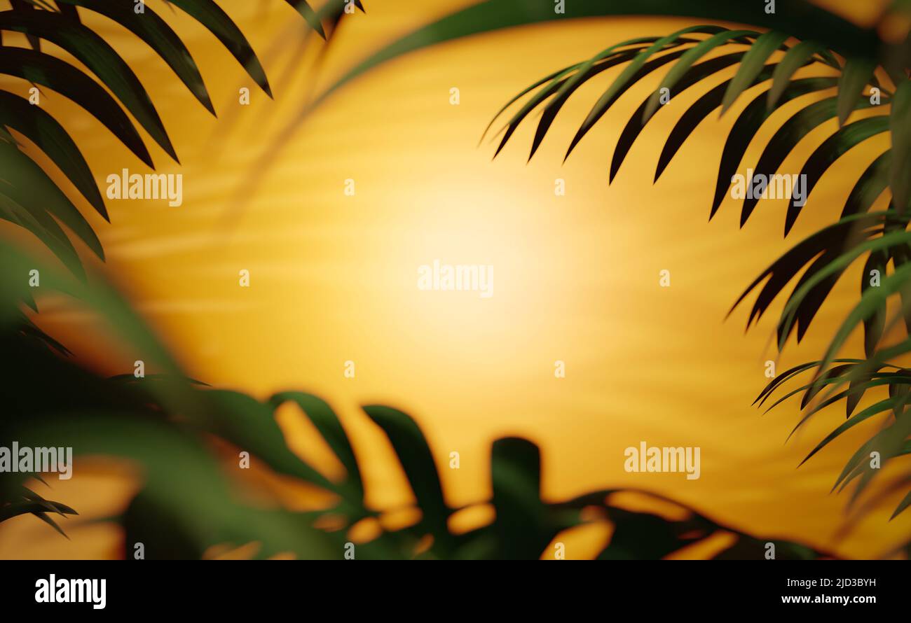 Abstrakter Hintergrund, grüne Blätter tropischer Palme auf orangefarbenem Hintergrund. Geringe Tiefenschärfe-Effekt. 3D Render, digital generierter Hintergrund w Stockfoto