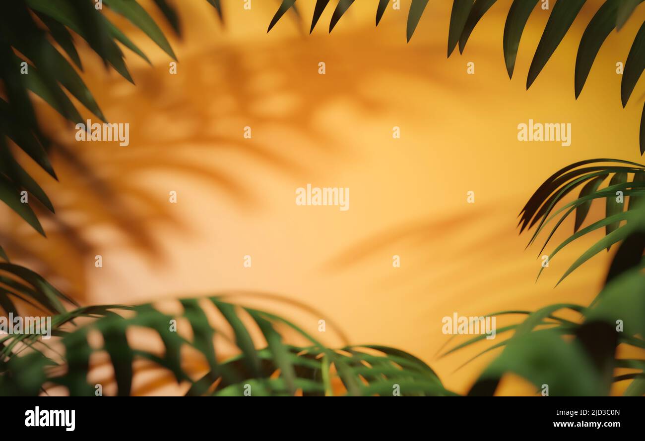 Abstrakter Hintergrund, grüne Blätter tropischer Palme auf orangefarbenem Hintergrund. Geringe Tiefenschärfe-Effekt. 3D Render, digital generierter Hintergrund w Stockfoto