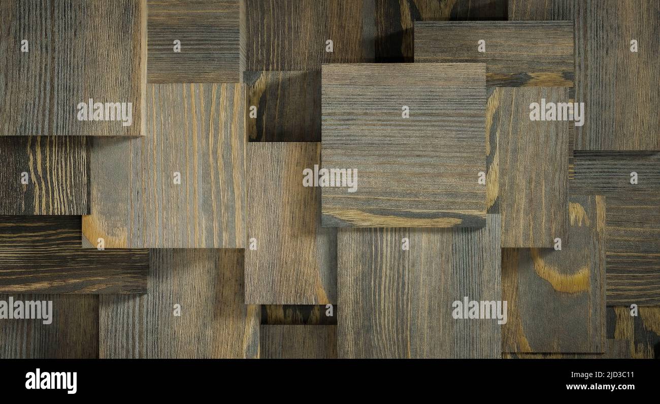 Abstrakter Hintergrund, getönte Holzwürfel, 3D Render. Digitale Hintergrunddarstellung Stockfoto
