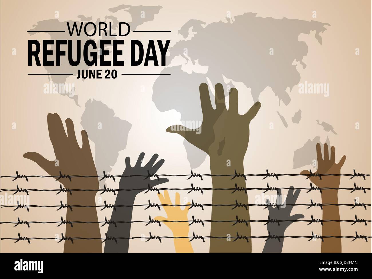 World Refugee Day Human Right Day Konzept: Silhouette Flüchtling Hände heben mit Weltkarte und Stacheldraht auf dem Hintergrund Stock Vektor