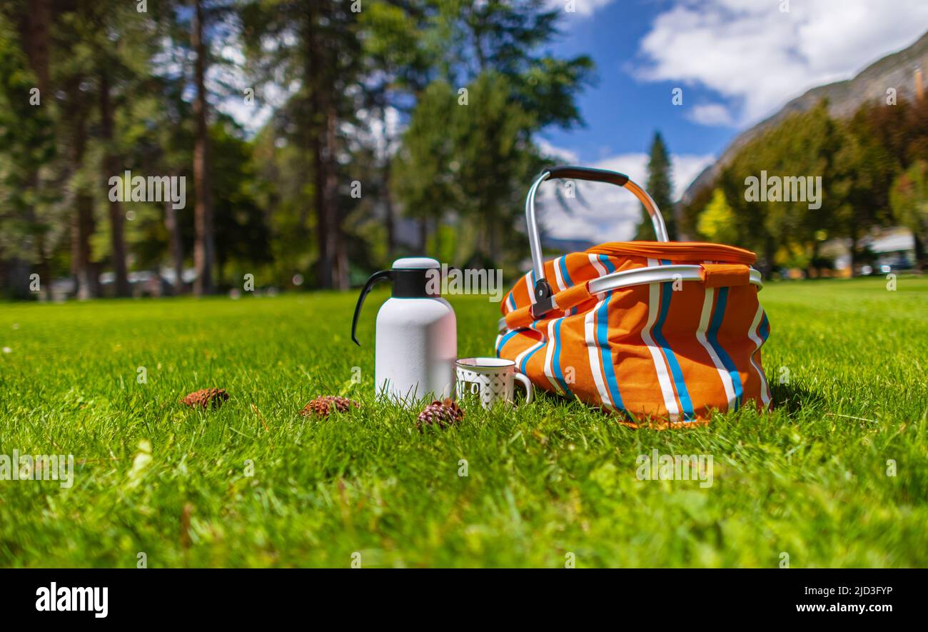 Sommerpicknick auf dem grünen Gras. Teekocher-Thermoskannen und Körbe mit Lebensmitteln für das Picknick im Freien in einem Park am blauen Himmel und Wolken im Hintergrund. S Stockfoto