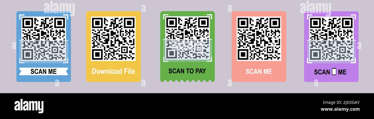 Scan Me Telefon-Tag-Set. QRCode für mobile App. Isolierte Darstellung auf grauem Hintergrund. Vektorgrafik. Stock Vektor