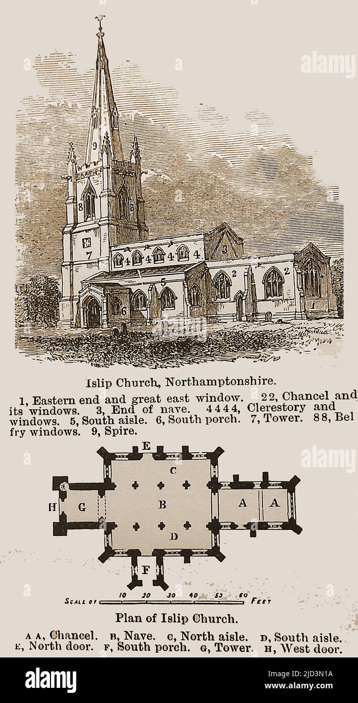 Eine Illustration und ein Plan aus dem 19.. Jahrhundert der Kirche von Islip, Northamptonshire, Großbritannien. Die Dorfpfarrkirche der Kirche von England (rechtwinklige Gotik) ist dem Heiligen Nikolaus geweiht und wurde Anfang des 15.. Jahrhunderts erbaut Stockfoto