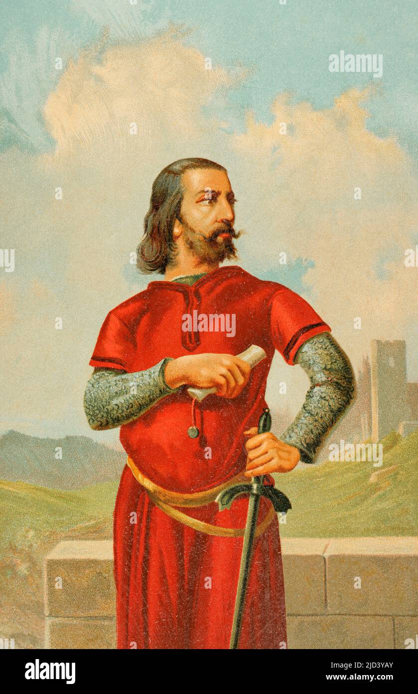 Rodrigo Díaz de Vivar, bekannt als El Cid Campeador (ca. 1043-1099). Kastilischer Adliger, der vom infante Sancho zum Ritter geschlagen wurde. Er nahm an den Schlachten von Llantada und Golpejera gegen Alfonso VI. Und an der Belagerung von Zamora Teil. Chromolithographie. 'Historia Universal' (Universal History), von César Cantú. Band V. Veröffentlicht in Barcelona, 1884. Stockfoto