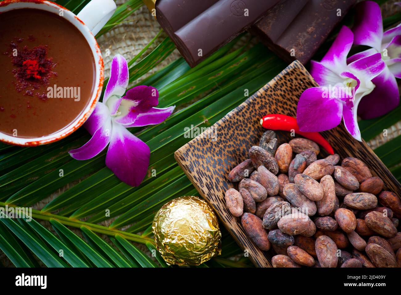 Eine Tasse Kakao und heiße Schokolade, Schokoriegel und Kakaobohnen auf grünen Palmblättern mit Platz für Ihre Kopie. Stockfoto