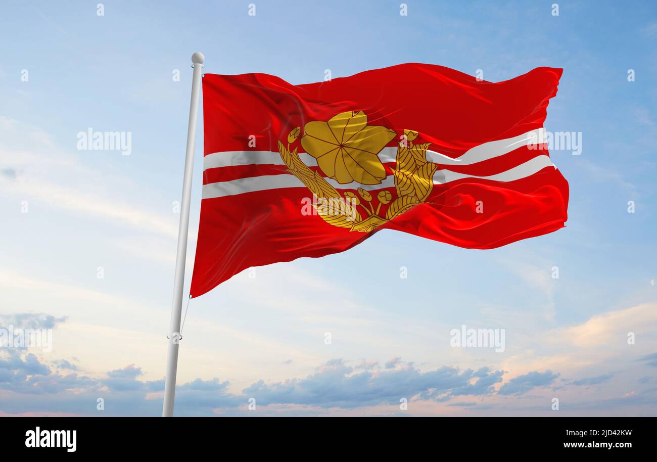 Offizielle Flagge des Infanterie-Bataillons der Bound Self Defense Force, Japan bei bewölktem Himmel Hintergrund bei Sonnenuntergang, Panoramablick. Japanisches Patriot-Konzept. Stockfoto