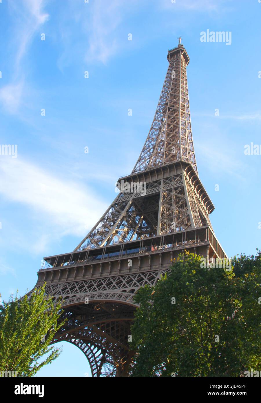 Eiffelturm von unten mit Bäumen und dem blauen Himmel im Hintergrund Stockfoto