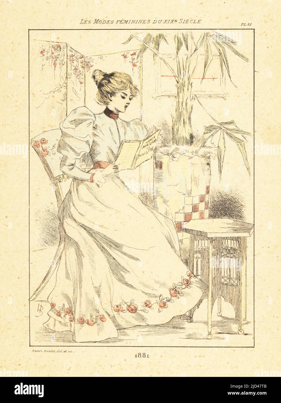 Modische Frau beim Lesen von Jules Claretys Roman Monsieur le Ministre, Paris, 1881. In einem Raum mit Klappschirm, Topfpflanze und Tisch. Handkolorierte Trockenpunkt- oder pointe-Seche-Radierung von Henri Boutet aus Les Modes feminines du XIXeme Siecle (Weibliche Mode des 19.. Jahrhunderts), Ernest Flammarion, Paris, 1902. Boutet (1851-1919) war ein französischer Künstler, Kupferstecher, Lithograph und Designer. Stockfoto