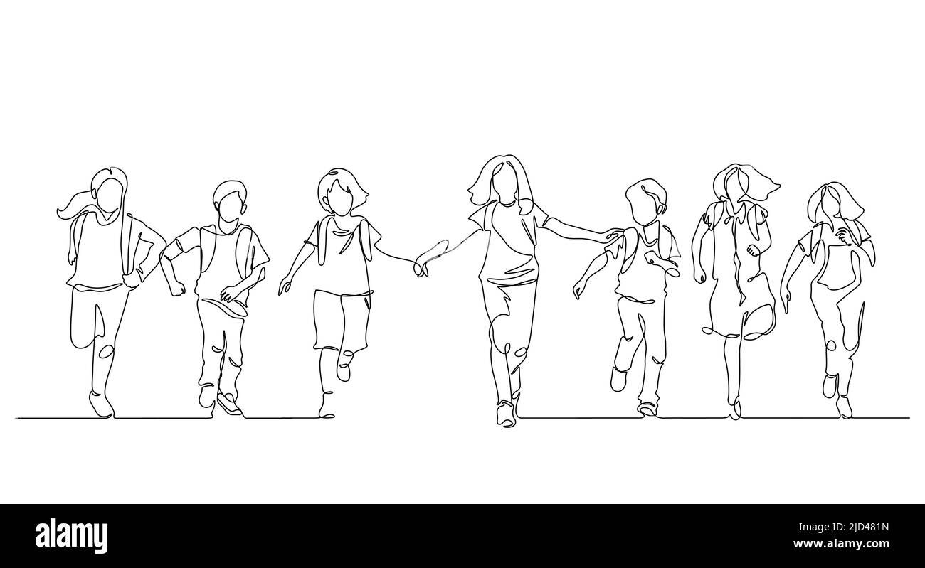 Eine Linie Zeichnung des Glücks Studenten Gruppe genießen Schule beenden : zurück zur Schule Konzept Vektor Illustration Stock Vektor