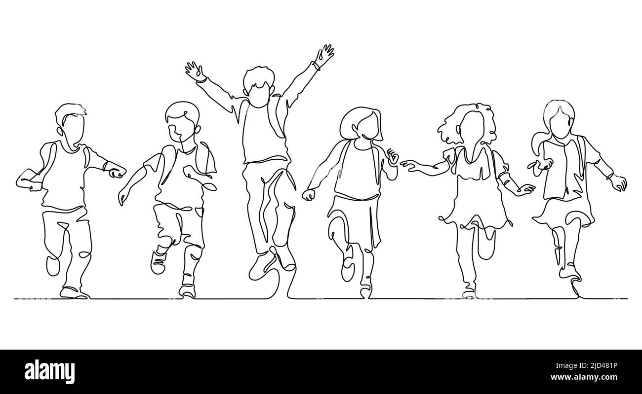 Kontinuierliche Linie Zeichnung des Glücks kleine Schüler Gruppe genießen Schule beenden : zurück zur Schule Konzept Vektor Illustration Stock Vektor