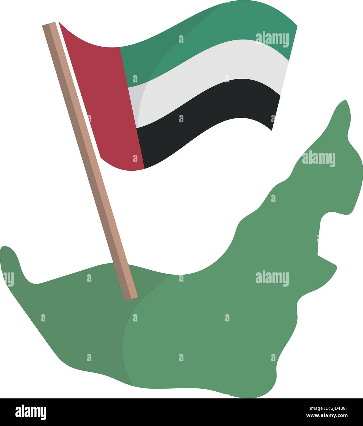 Flagge der Vereinigten Arabischen Emirate auf einer Karte der Vereinigten Arabischen Emirate. Bearbeitbarer Vektor. Stock Vektor
