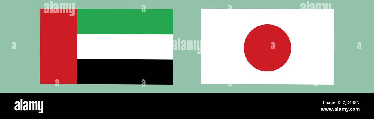 Flaggen-Set der Vereinigten Arabischen Emirate und Japans. Freundschaftliche Beziehungen zwischen den Vereinigten Arabischen Emiraten und Japan. Bearbeitbarer Vektor. Stock Vektor