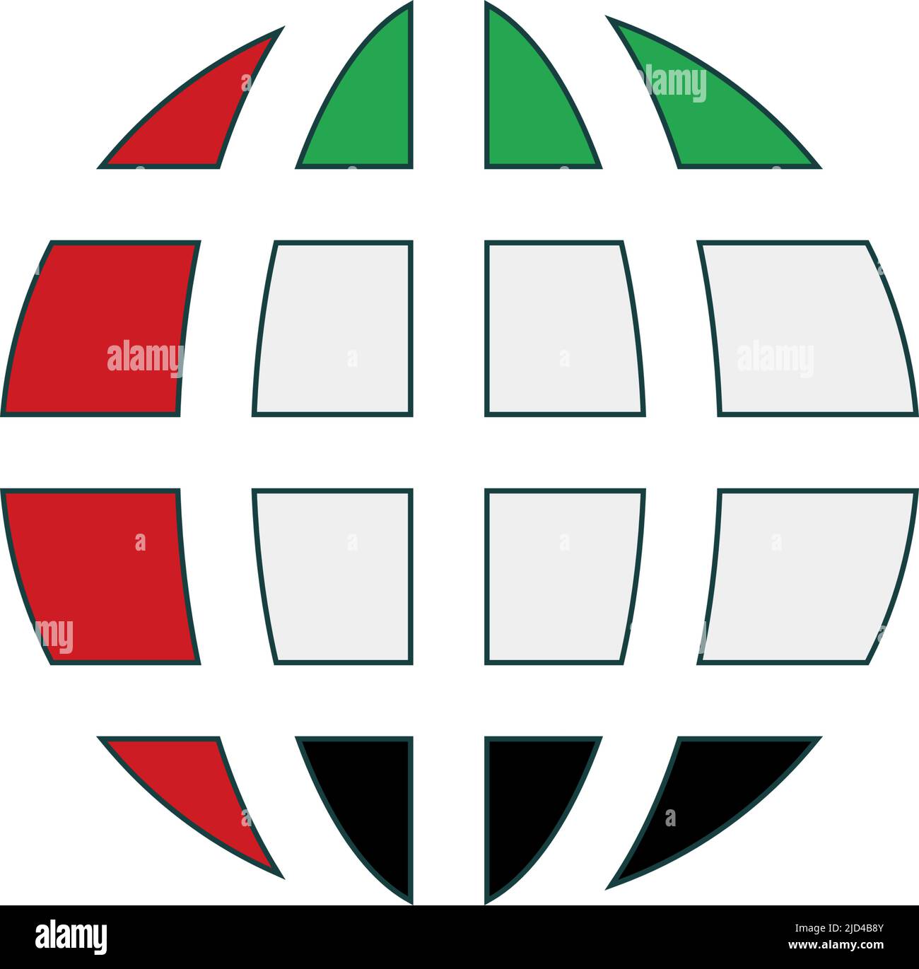 Globensymbol mit Flaggenmuster der Vereinigten Arabischen Emirate. Browser- und Netzwerksymbol. Bearbeitbarer Vektor. Stock Vektor
