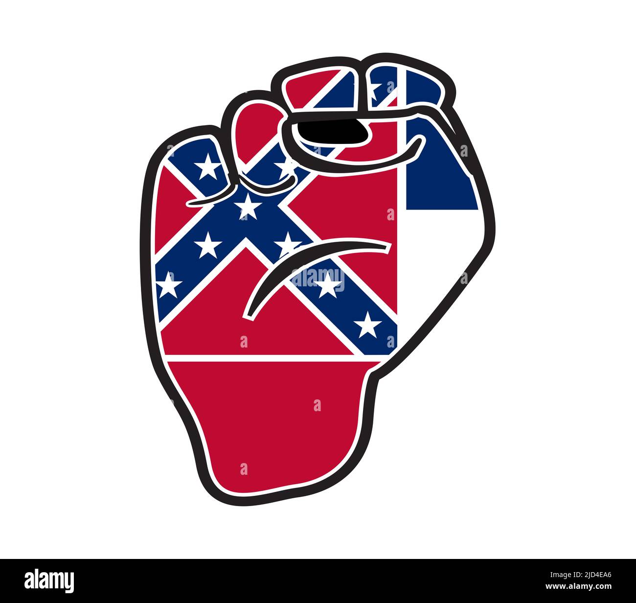 Eine schwarze Umrissfaust über die Mississippi-Staatsflagge, isoliert auf weißem Hintergrund Stockfoto