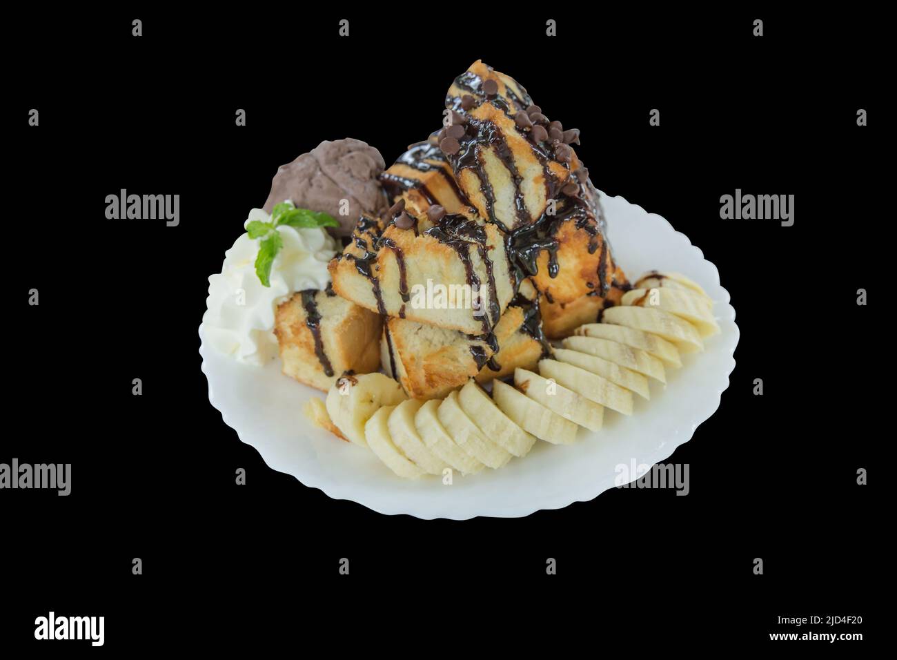 Stempelschnitt aus Brot, Honig, Toast und Eiscreme, süßem Zucker, auf schwarz isoliert. Stockfoto