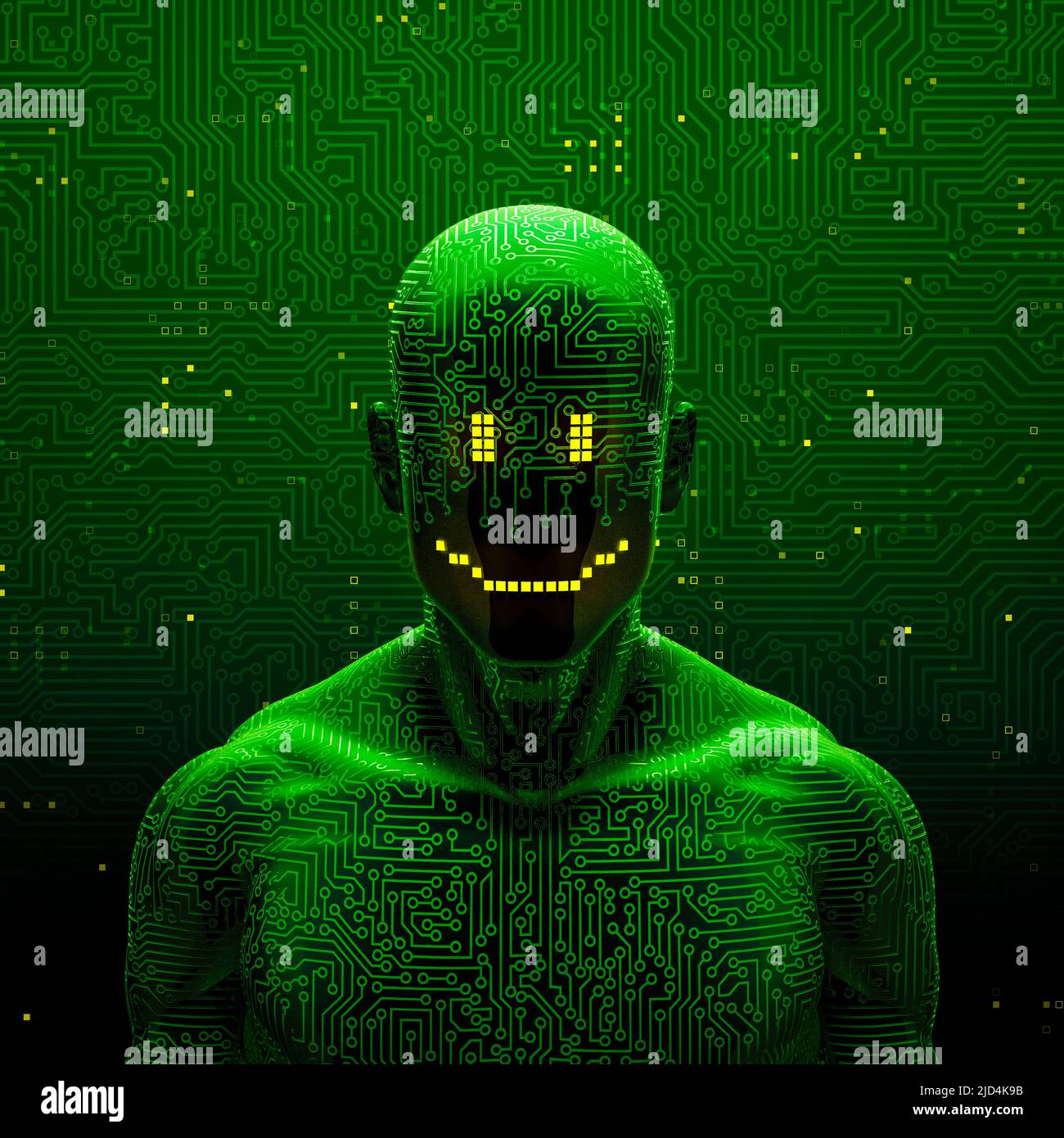 Lächelnde künstliche Intelligenz - 3D Illustration von dunklen Pixel Lächeln konfrontiert männlichen Roboter Figur mit abstrakten Computer-Platine Hintergrund Stockfoto