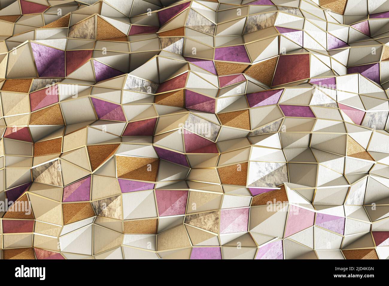 Modernes Kunstkonzept mit 3D Mosaiken, bestehend aus braunen, rosa und goldenen Metalldreiecken als abstrakter Kulisse. 3D Rendern Stockfoto