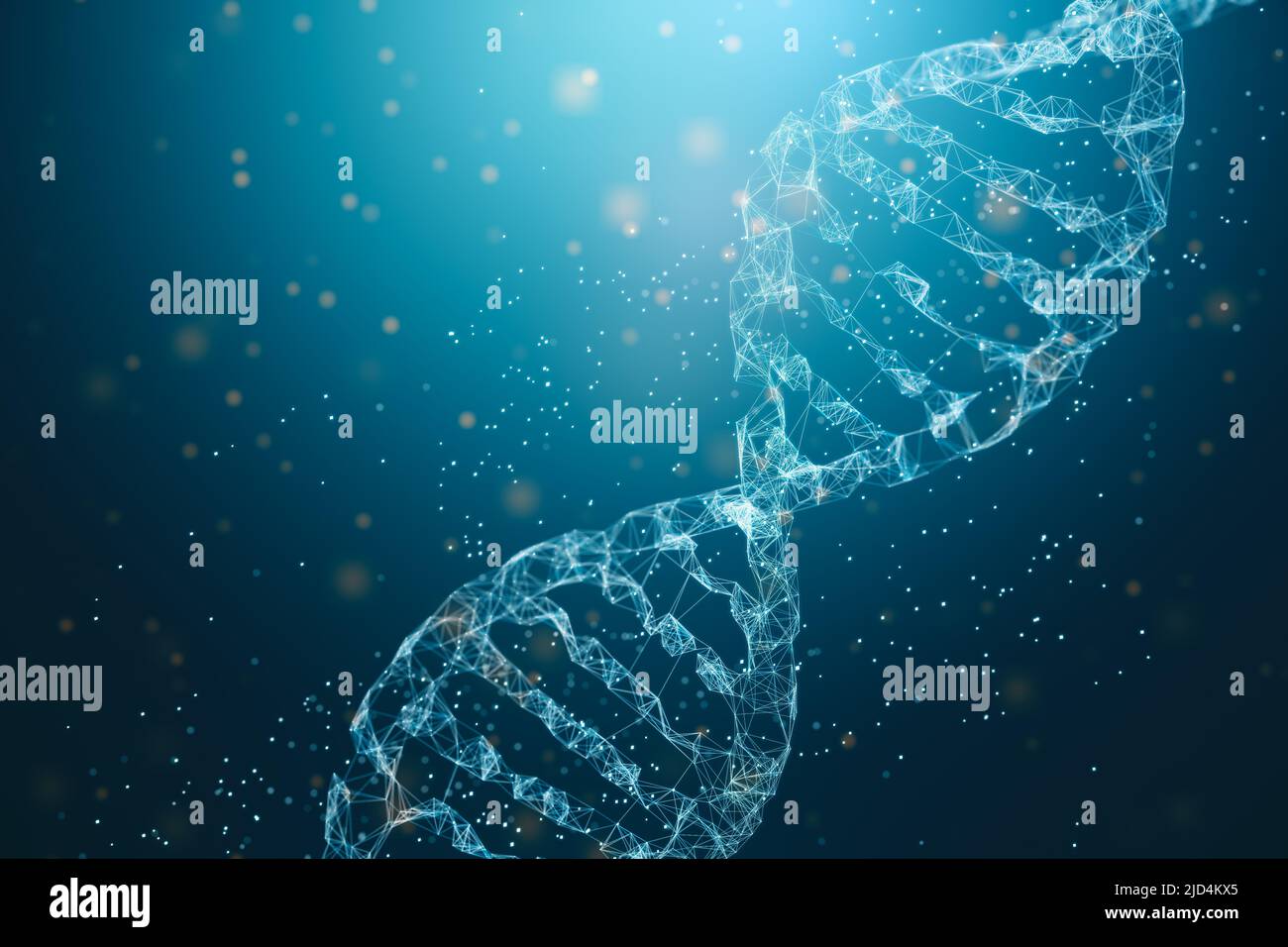 Biotechnologie-Konzept mit menschlicher DNA-Struktur auf abstraktem blauem Hintergrund. 3D Rendern Stockfoto