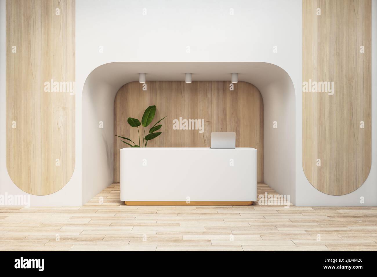 Blick von vorne auf den weißen Rezeptionstisch im Wartebereich im Eco-Interior-Design im modernen Büro mit Holzwänden und Holzboden. 3D Rendering, Vorderansicht, Mockup Stockfoto