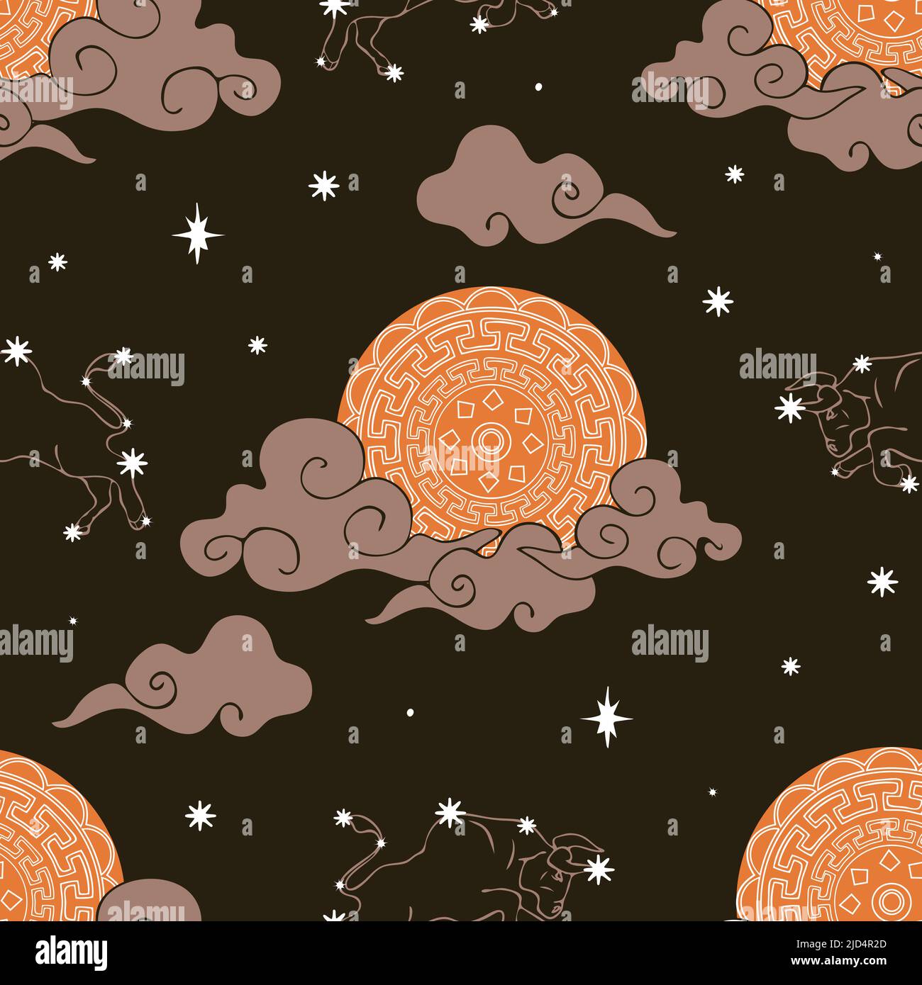 Nahtloses Vektormuster mit Mond und Sternen auf dunkelbraunem Hintergrund. Zodiac Taurus Himmel Tapete Design. Astronomie Mode Textil. Stock Vektor
