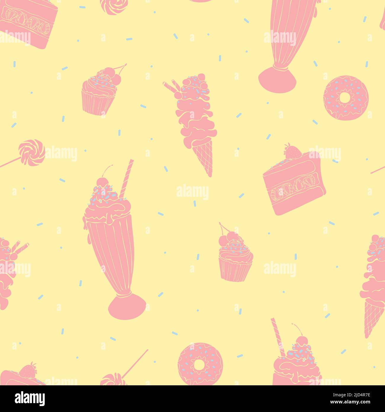 Nahtloses Vektormuster mit Eis, Cupcakes und Donuts auf hellrosa Hintergrund. Sweet Food Tapete Design für Mode Textil. Stock Vektor
