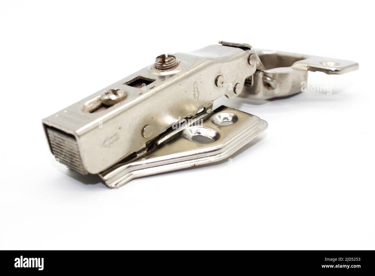 Ein Bild der hydraulischen Scharniere aus Edelstahl mit selektivem Fokus Stockfoto