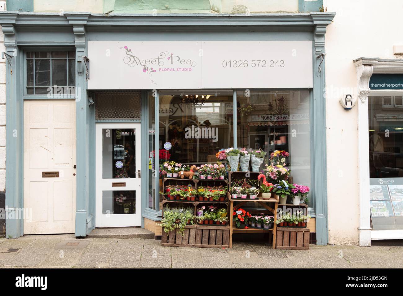 Einzelhandelsgeschäfte (Sweet Pea Floral Studio) in der Meneage Street, Helston, Cornwall, England Stockfoto