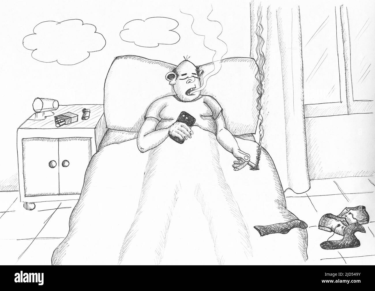 Mann, der im Bett schlief, mit einer brennenden Zigarette auf der Bettdecke. Abbildung. Stockfoto