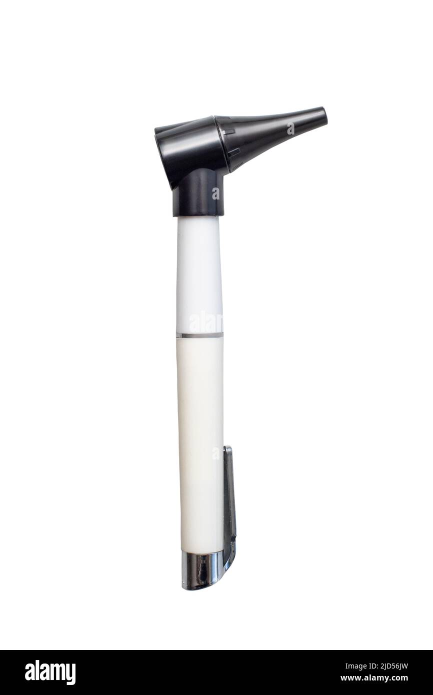 Ein auf Weiß isoliertes Otoskop ist ein Gerät zur Untersuchung des Gehörs oder des Nasenkanals. Medizinische Ent-Instrumente und -Geräte Stockfoto