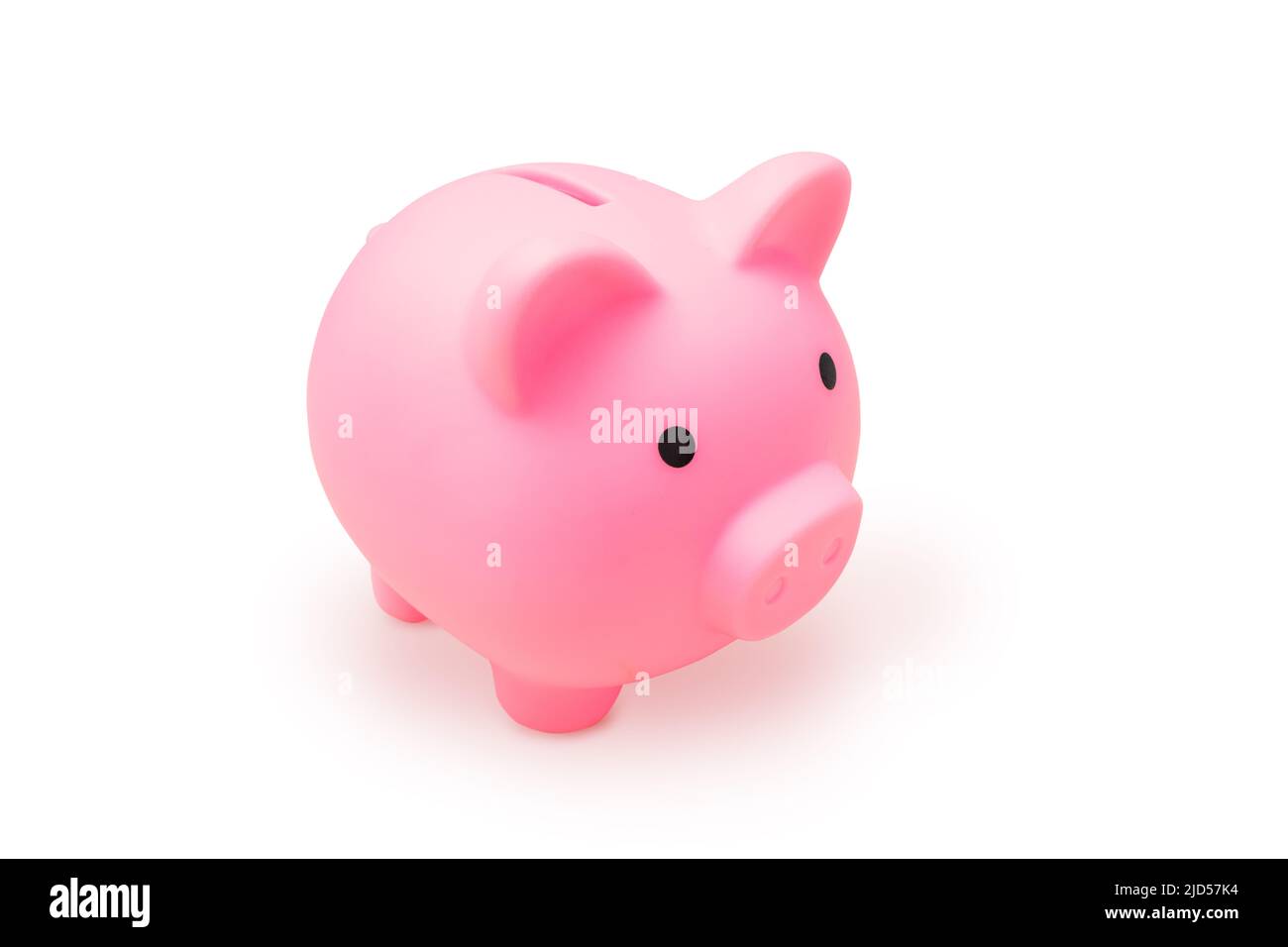 Rosa Sparschwein für Banknoten und Münzen isoliert auf weißem Hintergrund. Das Konzept der Investitionen und finanziellen Einsparungen für den Ruhestand und Urlaub Stockfoto