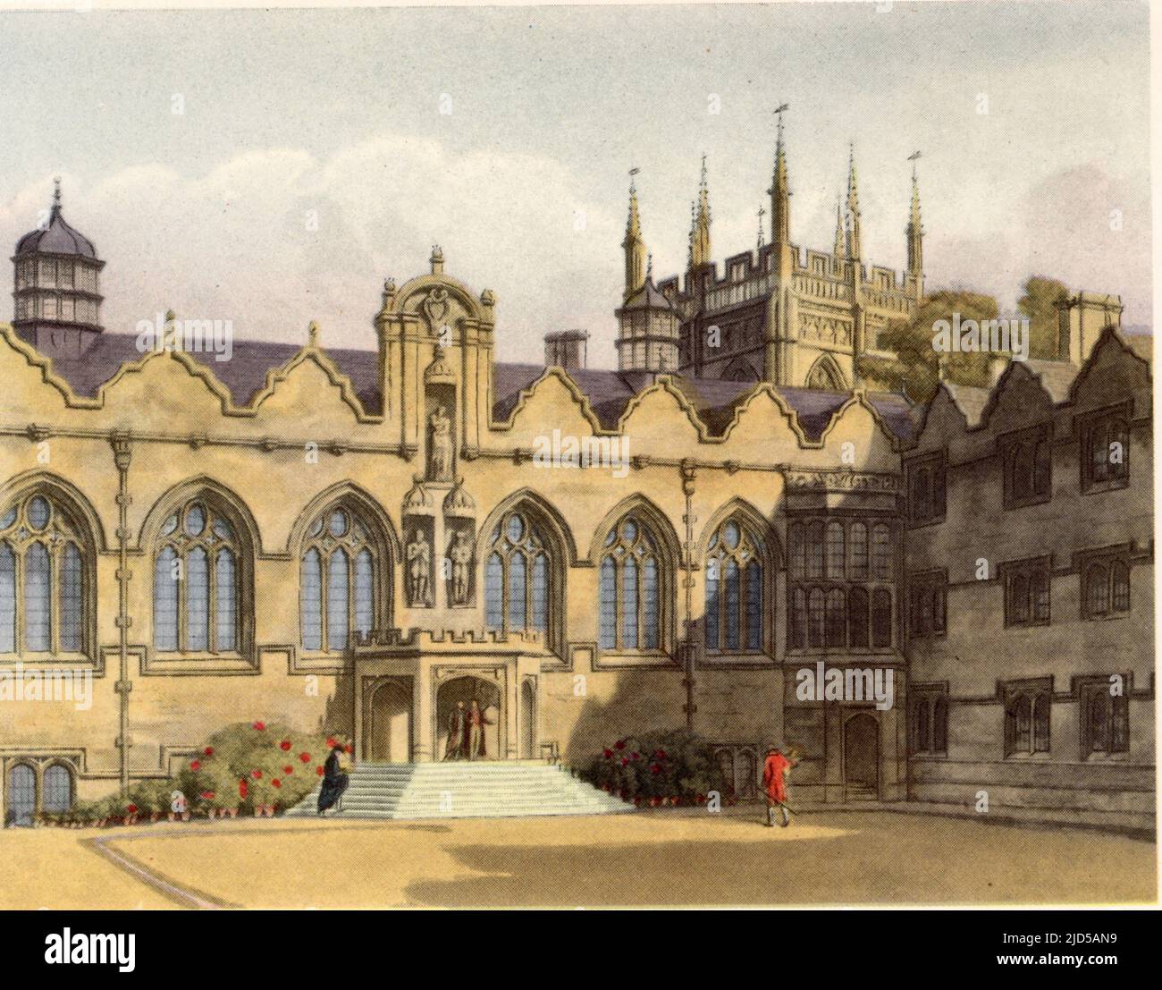 Oriel College, 1814. Das Oriel College ist ein konstituierendes College der University of Oxford in Oxford, England. Das College befindet sich am Oriel Square und ist die älteste königliche Stiftung in Oxford. Ein Abdruck aus „A History of the University of Oxford, its Colleges, Halls, and Public Buildings“, herausgegeben von Rudolph Ackermann, 1814. Illustriert von Augustus Pugin, F. Mackenzie und anderen. Stockfoto