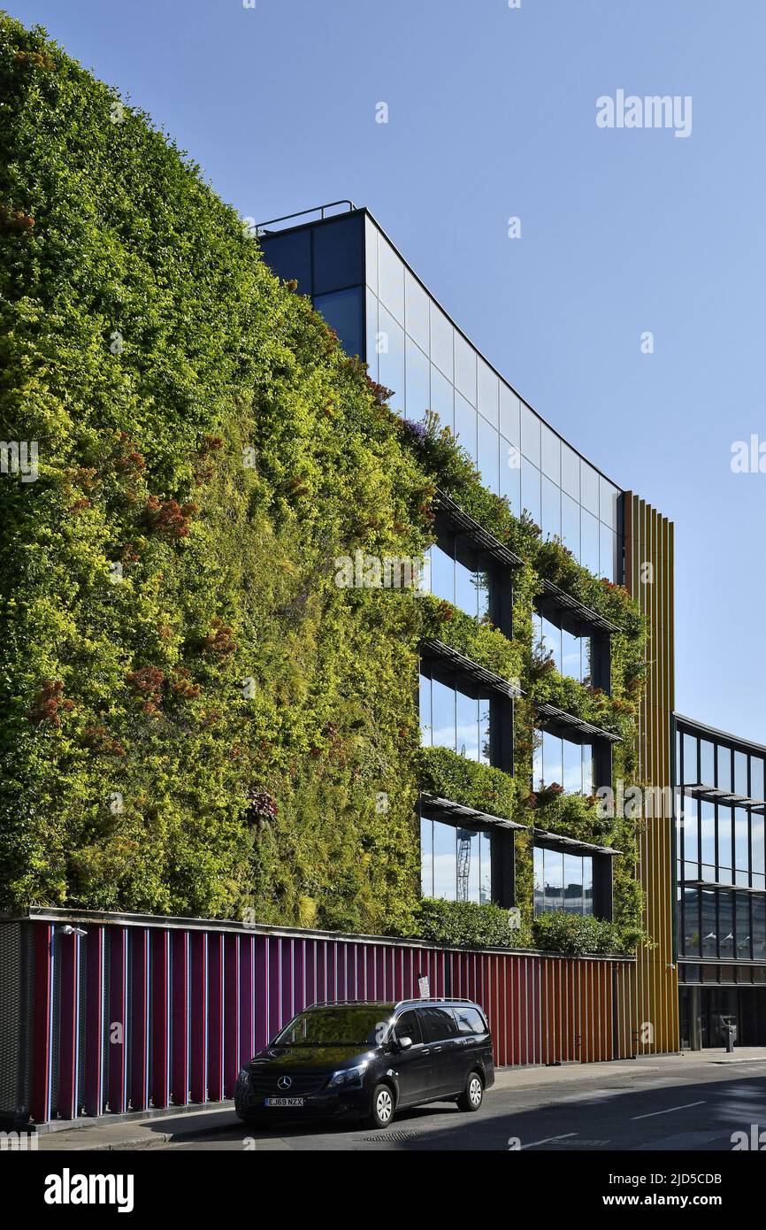 Grüner vertikaler Garten des Gebäudes der MTV Studios in Camden London, Großbritannien. Stockfoto