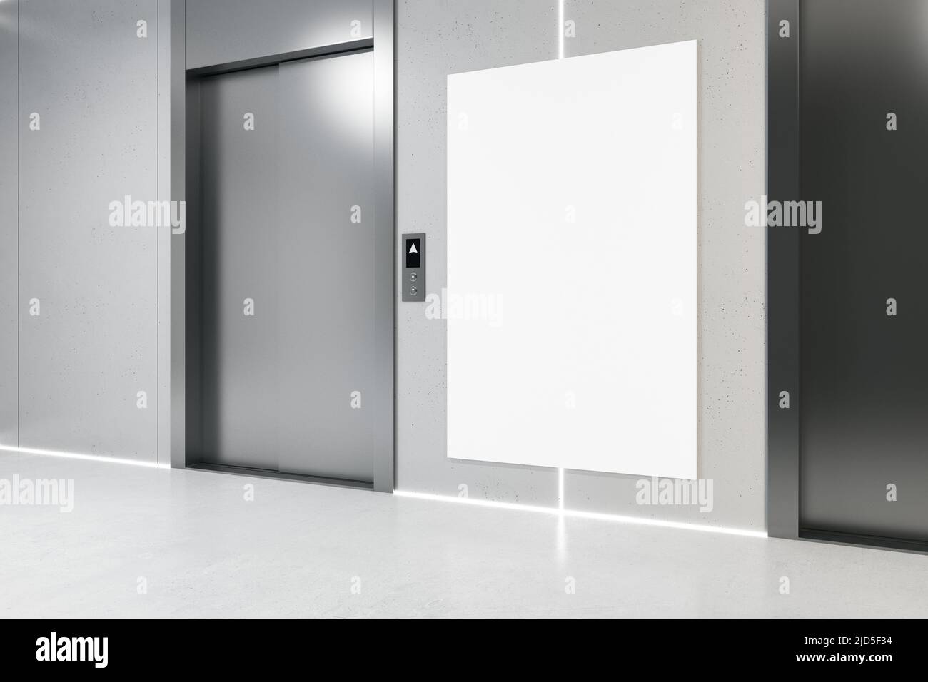 Seitenansicht auf leerem weißen Poster mit Copyspace für Ihren Text auf grauer Wand in der Nähe des Aufzugs in der Bürohalle für industrielle Innenarchitektur. 3D Rendering, mocku Stockfoto
