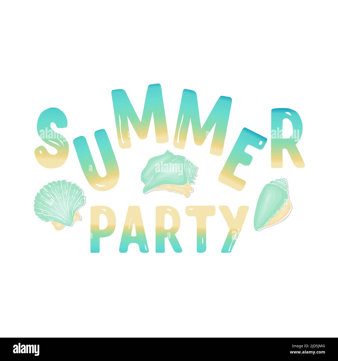 Sommer Party Schriftzug Gradient, Doodle Muschelschalen, Set für dein Design. Isolierter, weißer Hintergrund. Vektorgrafik Stock Vektor