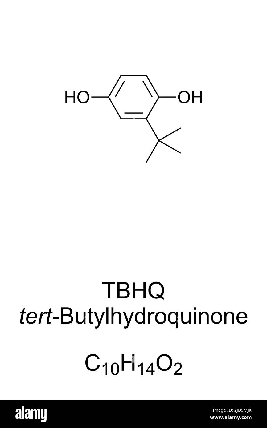 TBHQ, tert-Butylhydrochinon, chemische Formel und Struktur. Auch Tertiärbutylhydrochinon, eine synthetische organische Verbindung. E319. Stockfoto