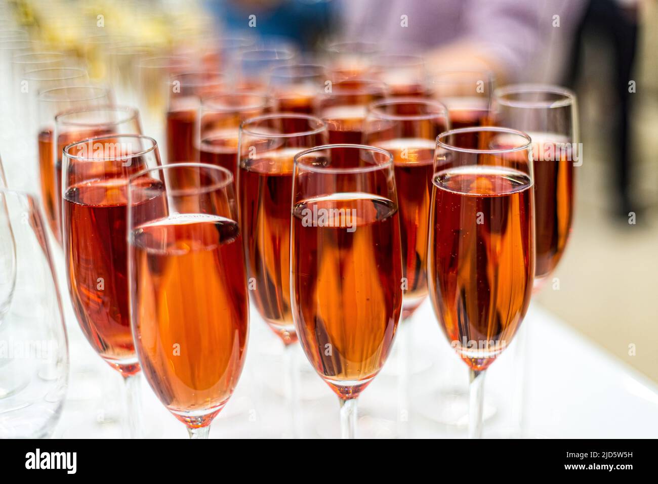 Champagnerrosengläser an der Bar. Viele Gläser mit Getränken. Helle farbige Lichter hinter der Brille. Stockfoto