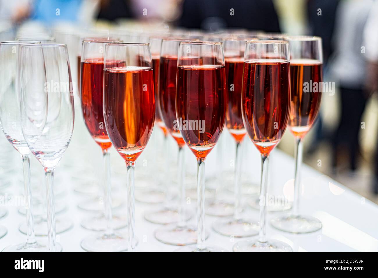 Champagnerrosengläser an der Bar. Viele Gläser mit Getränken. Helle farbige Lichter hinter der Brille. Stockfoto