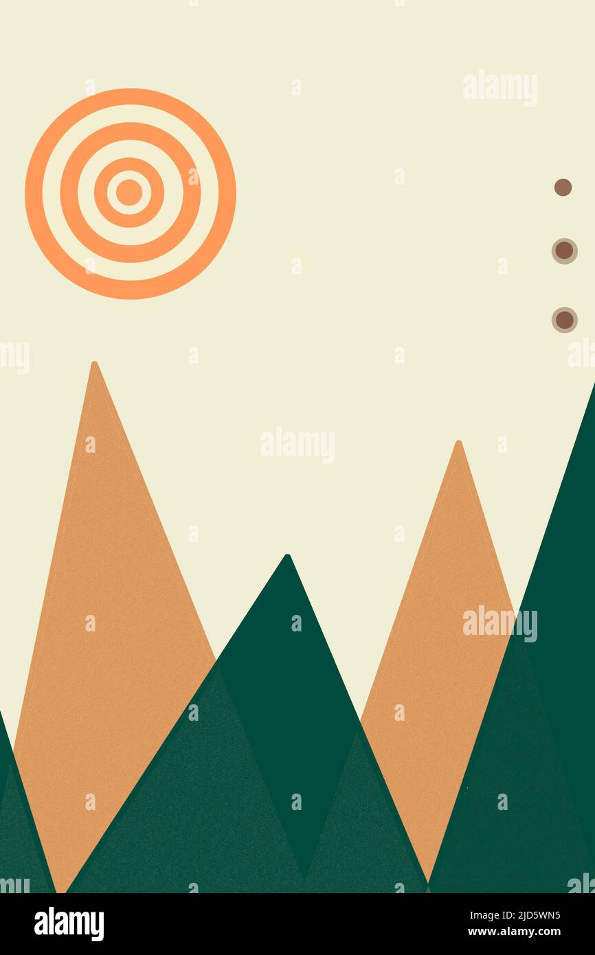 Set mit modernen Wanddrucken aus der Mitte des Jahrhunderts, Hintergründe im Retro-Stil aus der Vintage-Farbpalette von 1950s. Berge auf hellgelbem Hintergrund Stockfoto