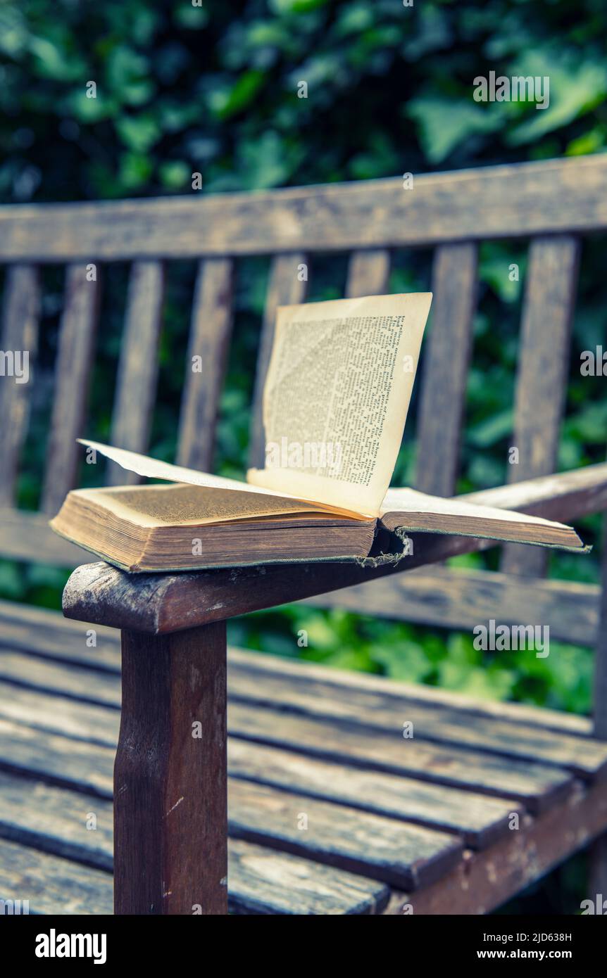 Öffnen Sie das Buch auf der Armlehne einer hölzernen Gartenbank Stockfoto
