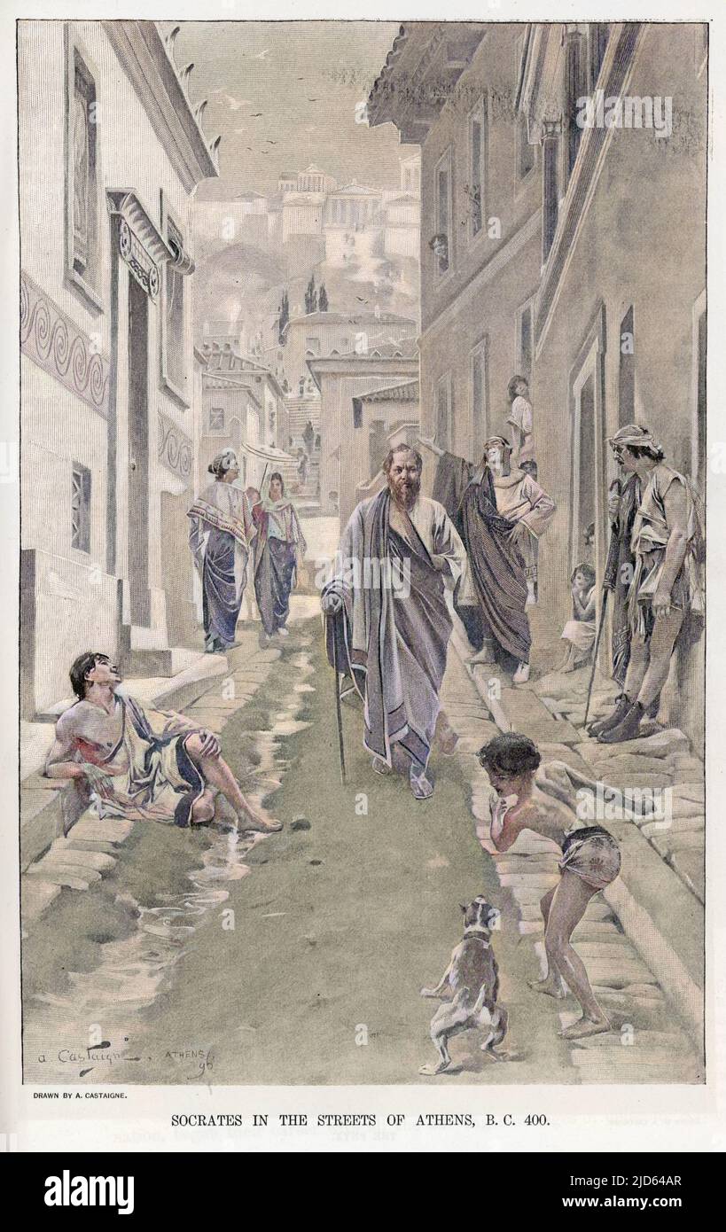 Eine Darstellung des Philosophen Sokrates, der durch die Straßen des antiken Athen spaziert. Kolorierte Version von : 10000294 Datum: 470 - 399 v. Chr. Stockfoto