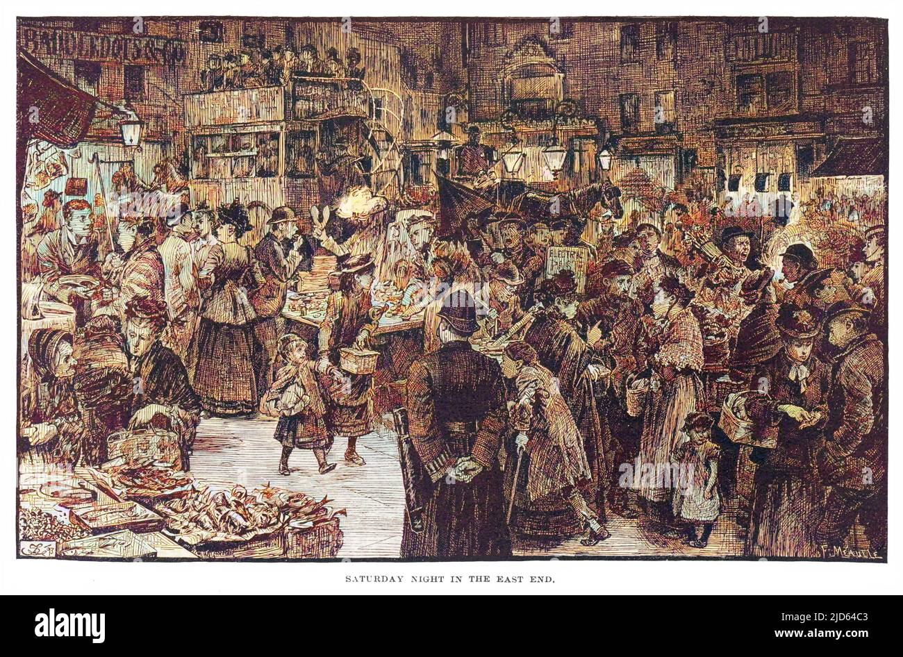 Am Samstagabend können Sie im East End von London einkaufen, wo viele Leute herumlaufen. Kolorierte Version von : 10000982 Datum: 1894 Stockfoto