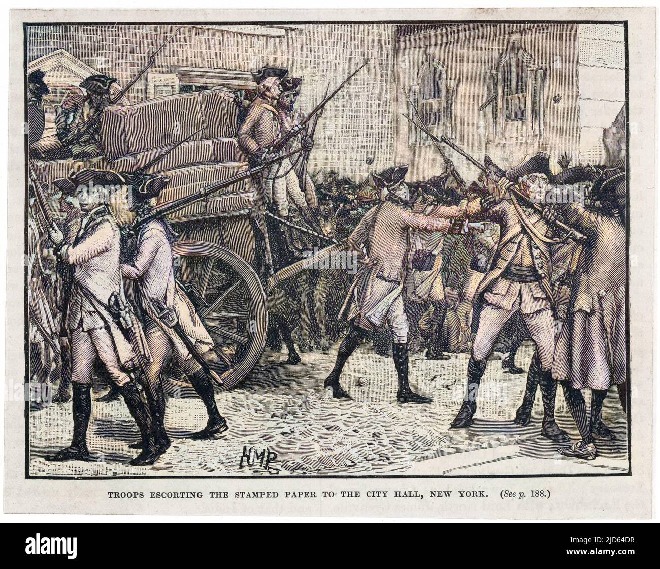 Stamp Act eingeführt in New York - Truppen eskortieren das gestempelte Papier zum Rathaus, New York Colorized Version von : 10001854 Datum: 1765 Stockfoto